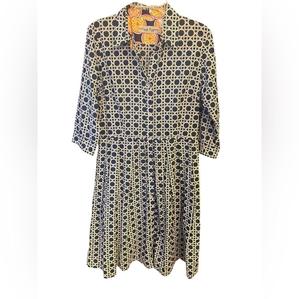 Dizzy Lizzie Sz L Blue White Cotton Classic Shirt Pocket Collar Dress